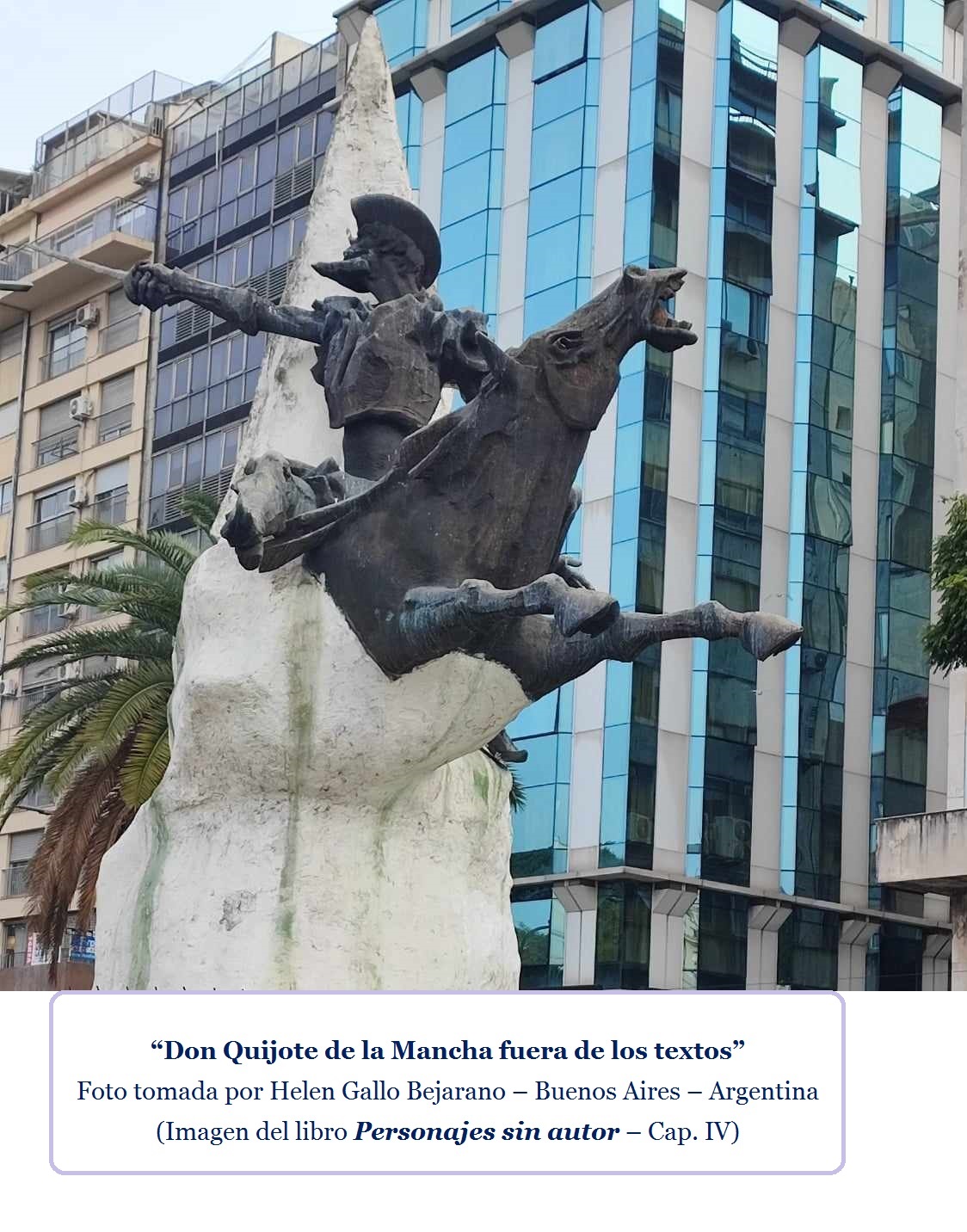 Estatua de Don Quijote en Buenos Aires, metáfora de la libertad narrativa y pieza clave en la inspiración de la novela Personajes sin autor (Capítulo IV).