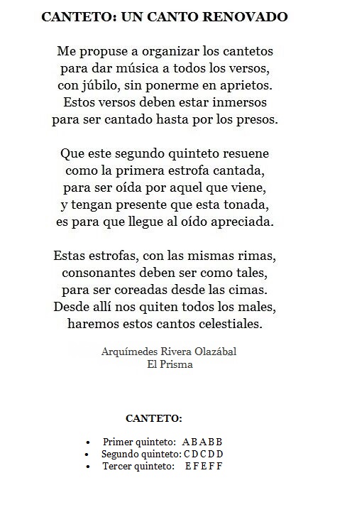 “Canteto: Un Canto Renovado” de Arquímedes Rivera Olazábal (El Prisma). El texto describe una estructura métrica de tres quintetos con rimas consonantes específicas y detalla el esquema de rimas al final.